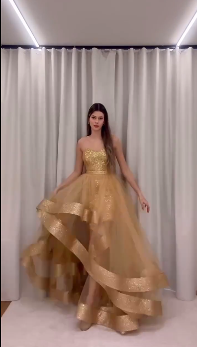 Elegant Gold Sequins Glittering Tulle Convertible Dress Strapless Quinceanera Ball Gown TP5254