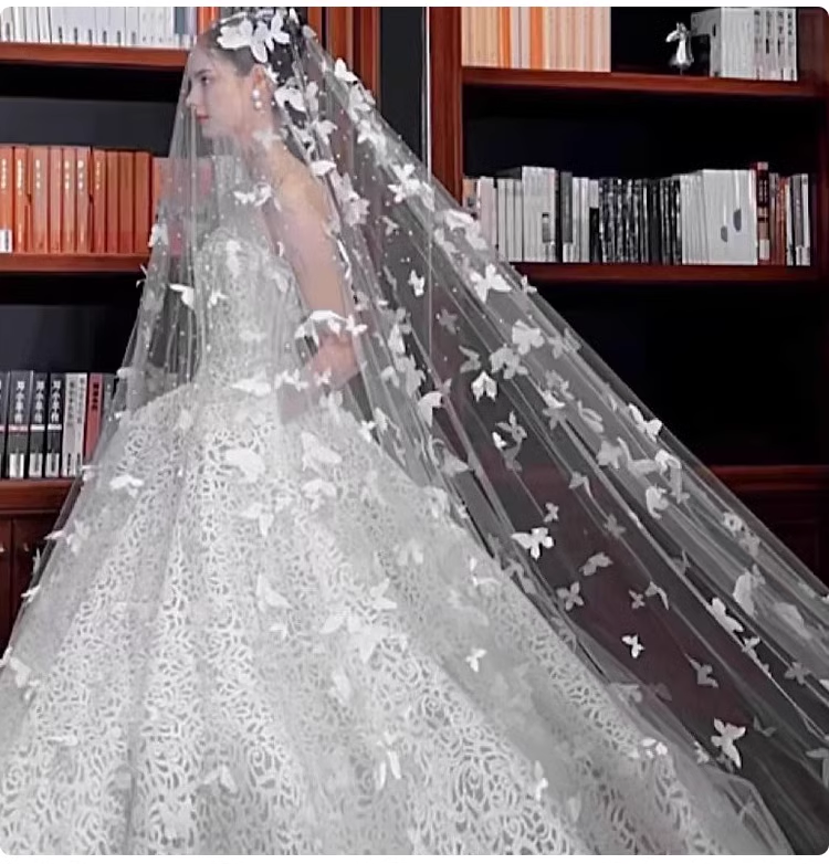 Vintage Elegant White Butterfly Pearl Design Style Long Wedding Veil TP3163