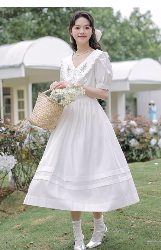 Simple Elegant Floral Design Short Sleeves Women Long Dress TP3064