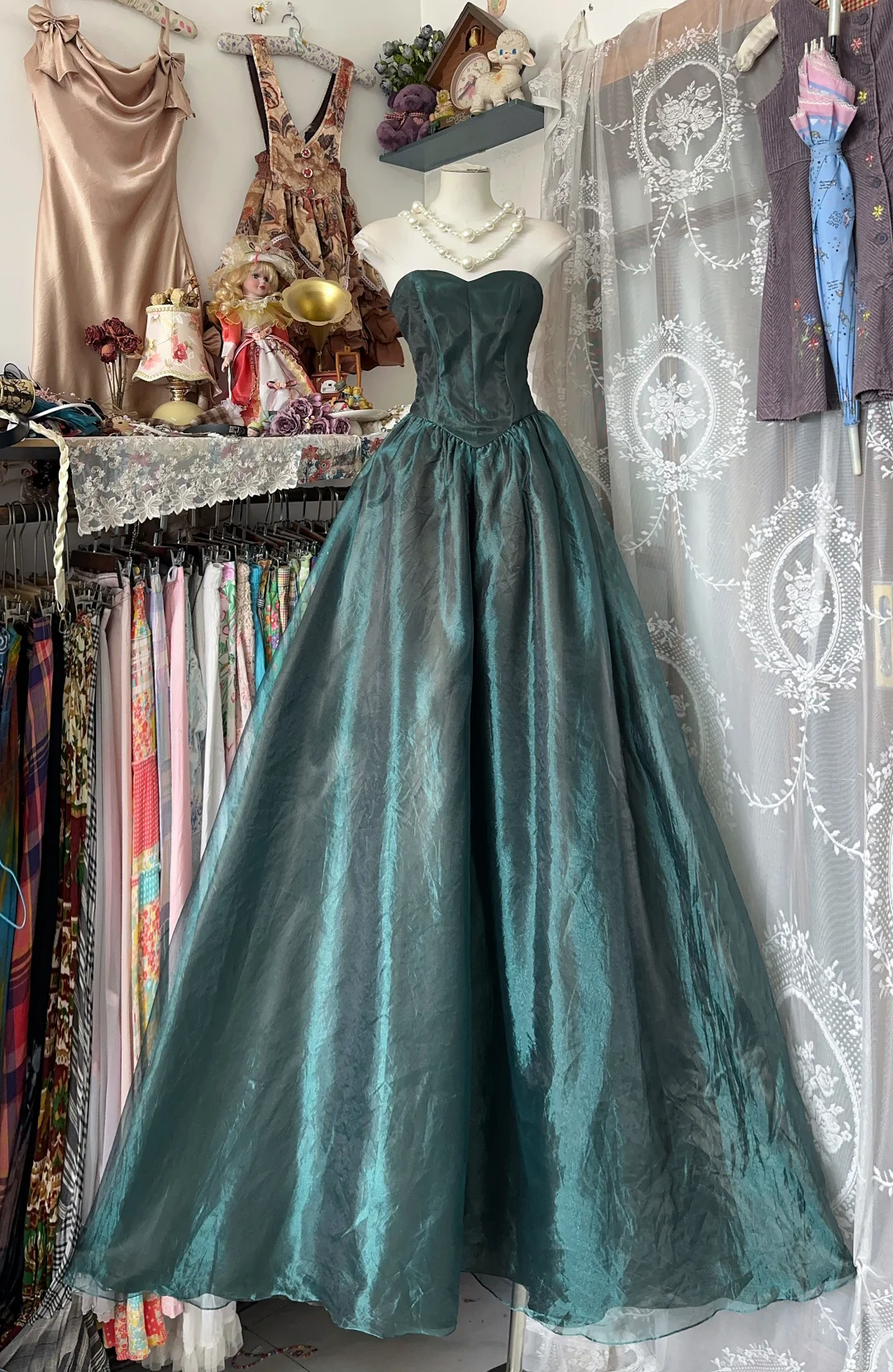 Vintage Dark Green Strapless Evening Dress Chiffon Sweetheart A-Line Long Prom Dress TP5053