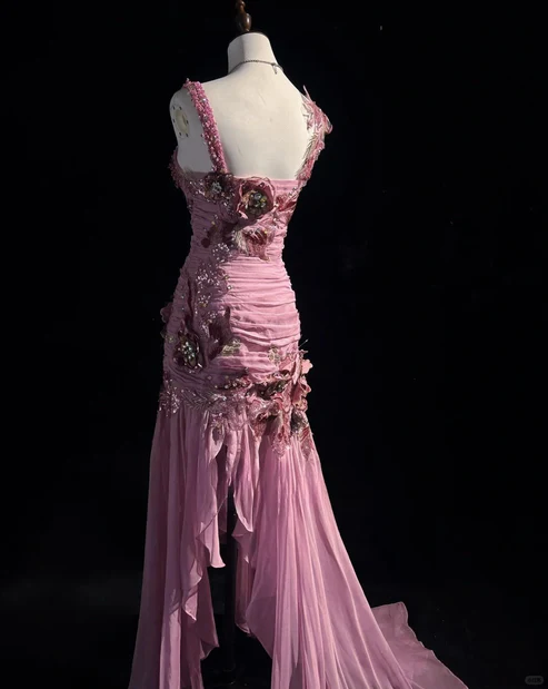 Glamorous Pink Floral Beaded Prom Dress Sheath Slit Evening Gown TP5166