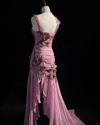 Glamorous Pink Floral Beaded Prom Dress Sheath Slit Evening Gown TP5166