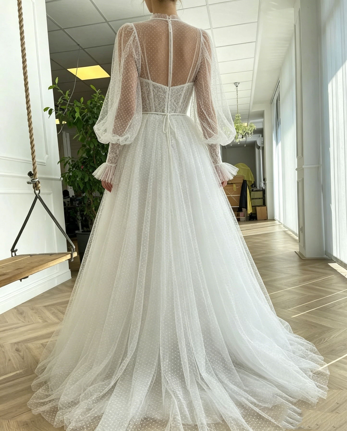 Vintage Dotted Tulle Puff Sleeve Illusion Neck A-Line Wedding TP5913