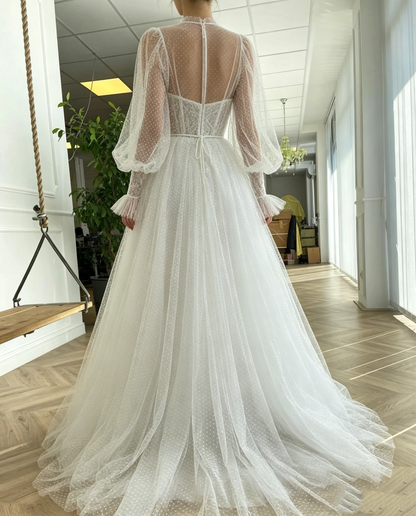 Vintage Dotted Tulle Puff Sleeve Illusion Neck A-Line Wedding TP5913