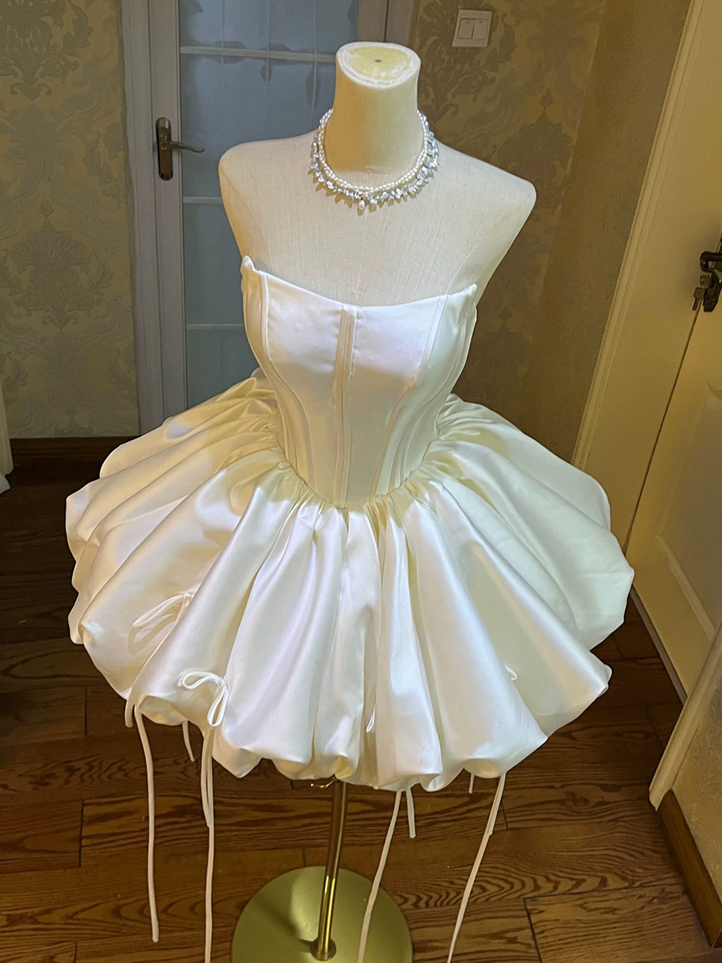 Vintage White Satin Strapless Bubble Puff A-Line Homecoming Dress TP6137
