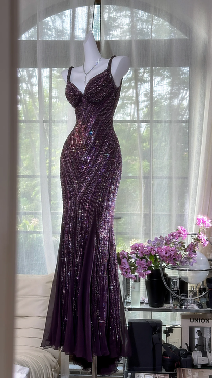 Gorgeous Purple Beaded Sequin V-neck Mermaid Elegant Chiffon Evening Dress Prom Dresses TP4144