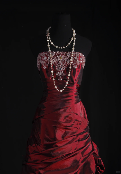 Elegant Burgundy Satin Strapless Beaded Mermaid Evening Gown TP5411