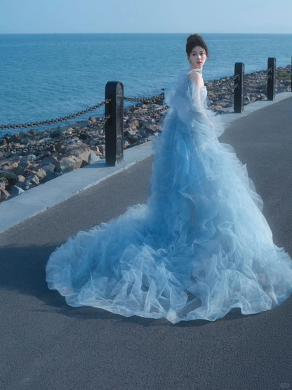 Glamorous Light Blue Strapless Sparkle Tulle Ruffled Cape Sweet 15 Quinceanera Ball Gown TP5426