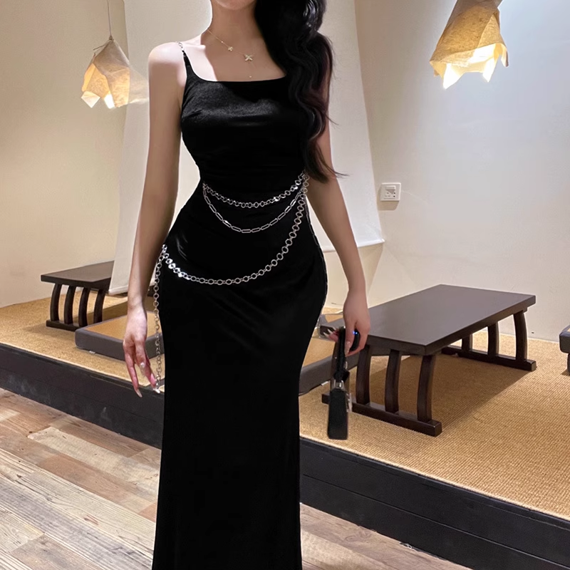 Gorgeous Black Spaghetti Strap Waist Chain Mermaid Long Prom Dress Evening Dress TP4355