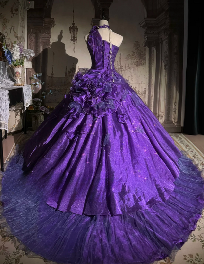 Vintage Purple One-Shoulder Ruffled Ball Gown Glitter Tulle Floral Embellished Formal Dress TP5130