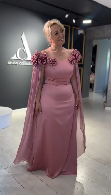 Vintage Pink 3D Flowers Sheath Cape Sleeves Long Mother of Bride Dress TP5062