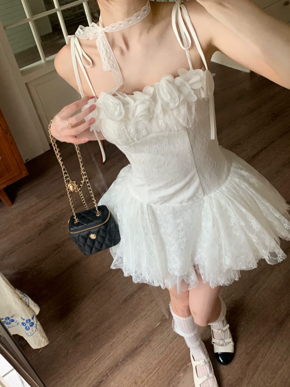 Vintage White 3D Rose Lace Spaghetti Strap A-Line Homecoming Dress TP6071