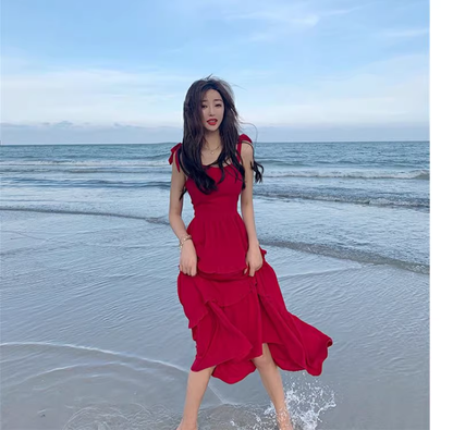 New Fashion Red Casual Sleeveless Beach Spaghetti Strap Dress TP2978