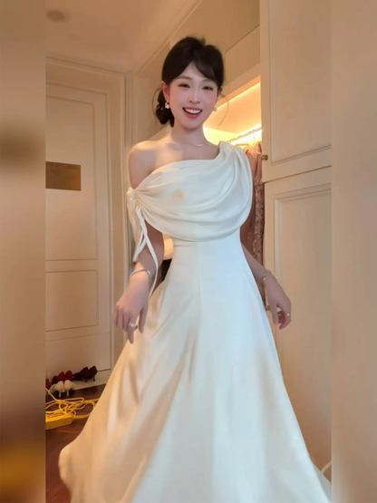 Vintage White Satin Draped One-Shoulder A-Line Evening Gown TP6077