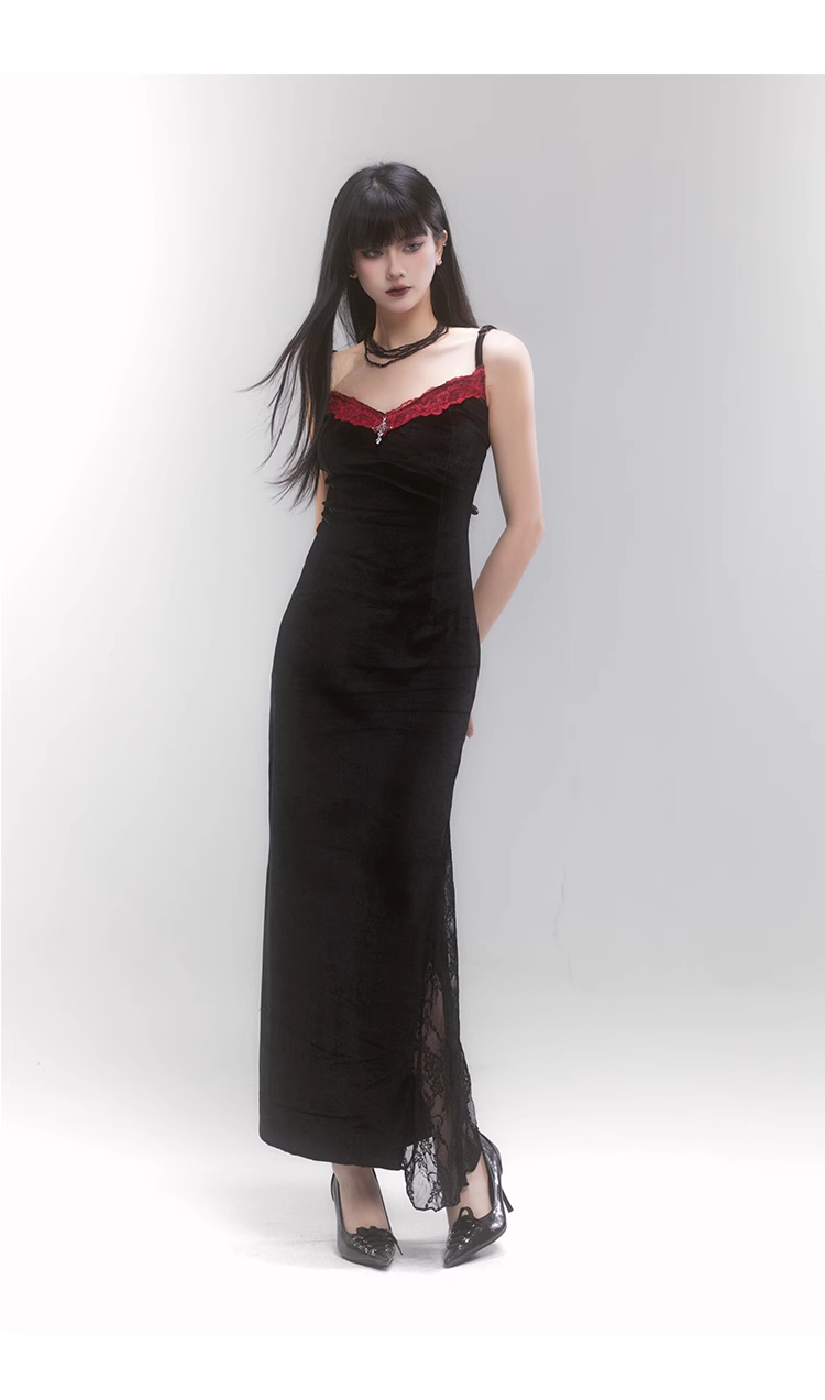 Simple Fashion Black Velvet Red Lace Spaghetti Strap Dress TP2956