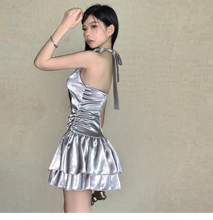Cute Satin Halter-neck A-Line Short Summer Dresses Party Dress Homecoming Dresss TP4334