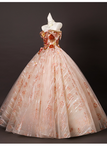 Chic Applique Sweetheart  A-Line 3D Flowers Prom Dress Off-the-shoulder Long Quinceanera Ball Gown TP5214