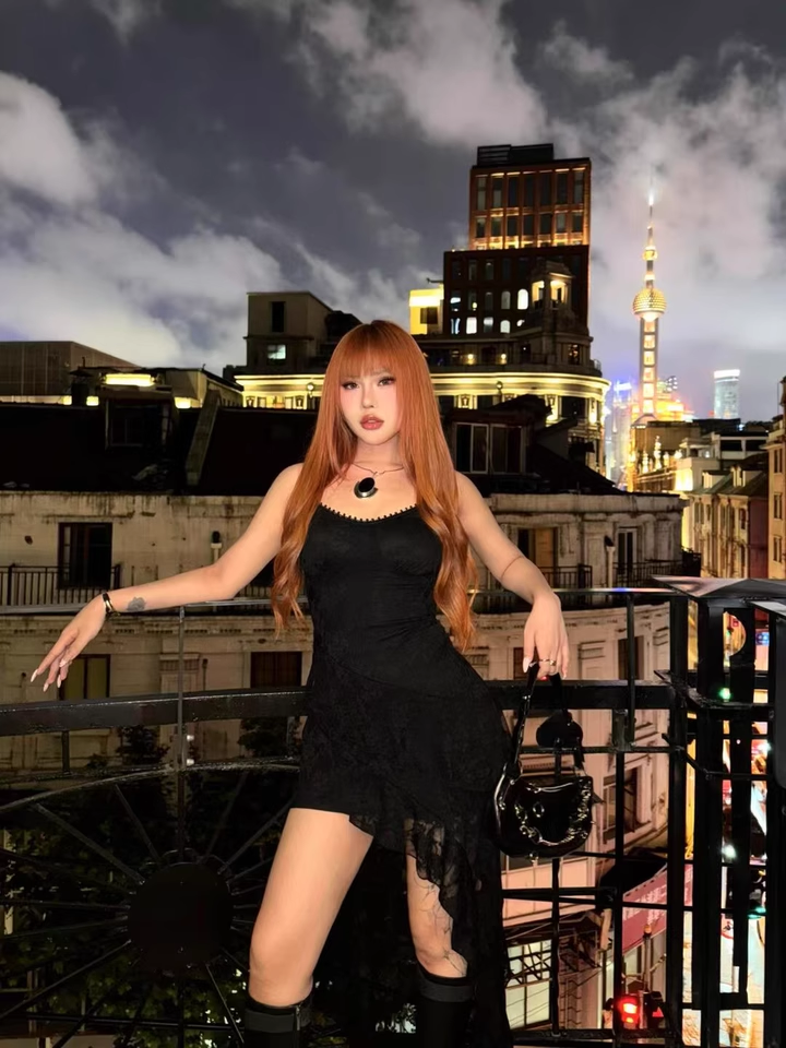 Fashion Black Irregular Ruffled Lace Hem Dress A-line Sleeveless Spaghetti Strap Dress TP3260