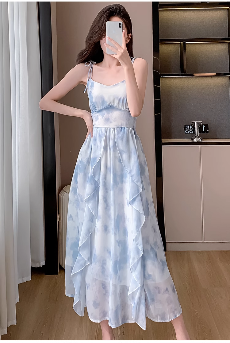 Vintage Blue Floral Design Beach Holiday A-line Long Spaghetti Strap Dress TP3329