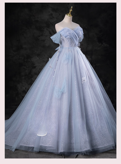 Elegant Sky Blue Applique Sweet 16 A-Line Sweetheart off-the shoulder Tulle Quinceanera Ball Gown TP5202