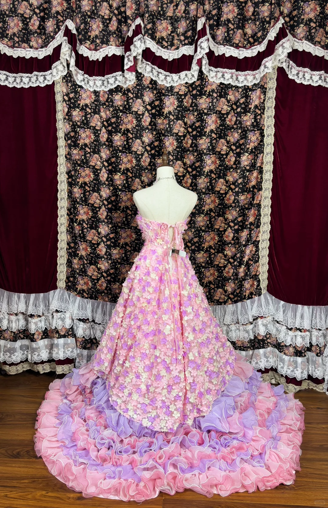 Gorgeous Applique Floral Sweet 16 Quinceanera Strapless A-Line Floor-length Tiered Prom Dress Evening Dress Ball Gown TP4389