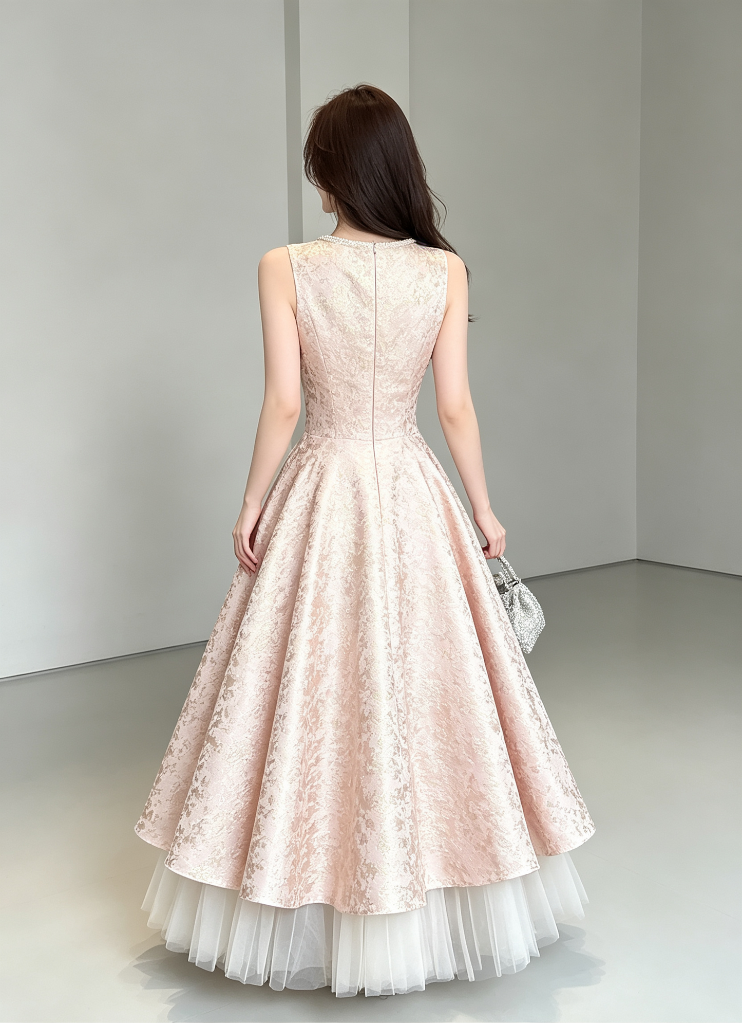 Vintage Jacquard A-Line Sleeveless Bow Floor Length Evening Gown TP6080