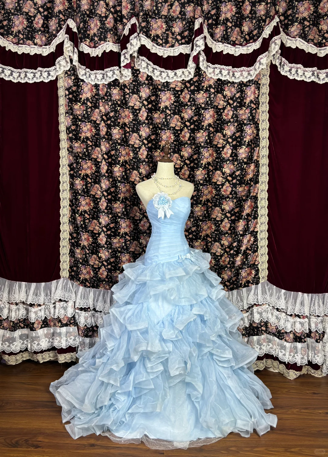 Enchanting Sky Blue Strapless Ruffled Tulle & Floral Applique Sweet 16 Quinceanera Ball Gown TP5338