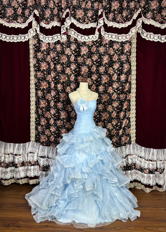 Enchanting Sky Blue Strapless Ruffled Tulle & Floral Applique Sweet 16 Quinceanera Ball Gown TP5338