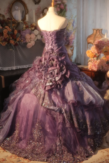 Gorgeous Purple Strapless Ruffled Tulle Sequin Sweet 15 Quinceanera Ball Gown TP5521