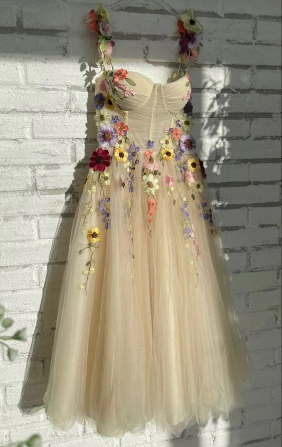 Vintage Floral Applique Prom Dress Long A-Line Evening Dress Chiffon Formal Dress TP4573