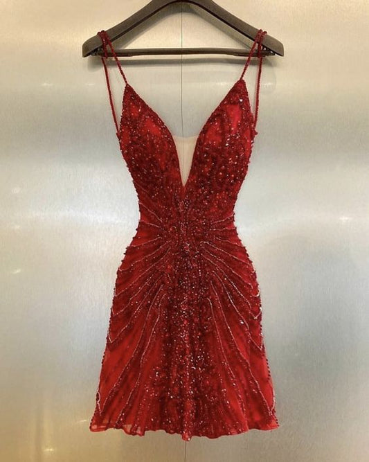 Sexy Burgundy Shiny Beaded Spaghetti Strap A-Line Short Party Dress Cocktail Dress Homecoming Dress TP4375