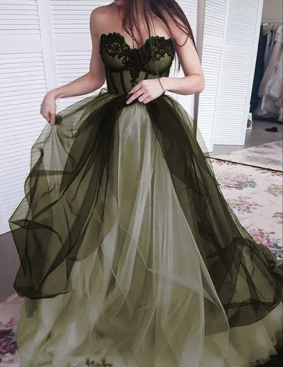 Vintage Dark Green A-Line Prom Dress Long Sweetheart Evening Dress Strapless Formal Dress TP4582