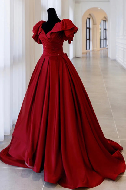 Gorgeous Burgundy V-neck Satin Puffy Sleeves Beading Sweet 16 Quinceanera A-Line Evening Dress Ball Gown TP4332