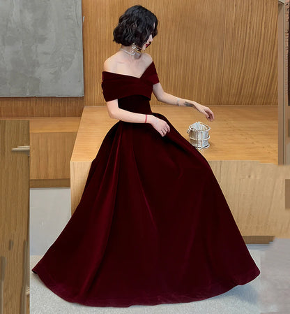 Vintage Burgundy Off-the-shoulder Velvet Design A-Line Evening Dress Prom Dress TP4129