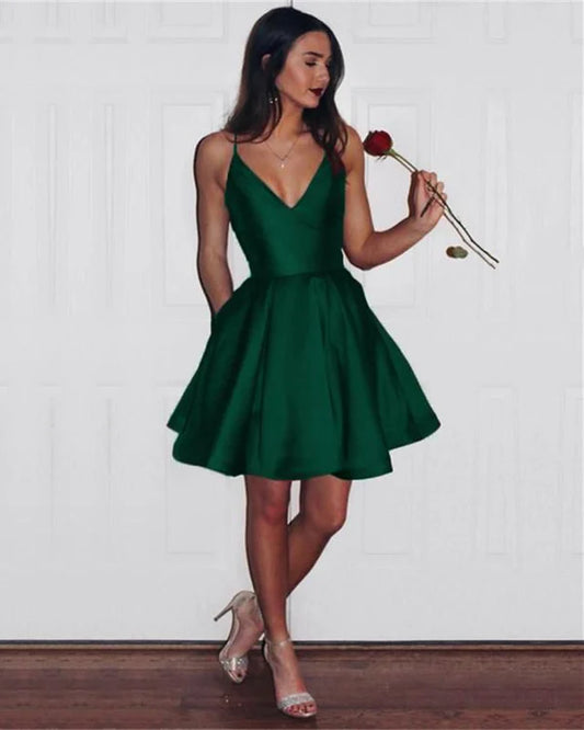 Vintage Dark Green V-neck Satin Short A-Line Party Dress Cocktail Dress Homecoming Dress TP4445
