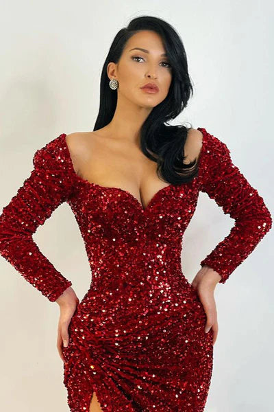 Vintage Glittering Beaded Prom Dress Sweetheart Long-sleeved Evening Gown Sheath High Slit Party Dress Long Formal Dress TP4862