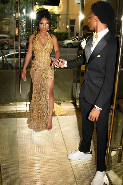 Elegant Gold Beaded Sheath Halter-Neck High Slit Evening Gown Prom Dress TP5229