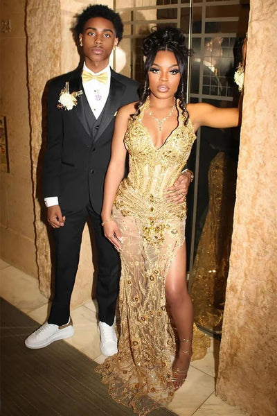 Elegant Gold Beaded Sheath Halter-Neck High Slit Evening Gown Prom Dress TP5229