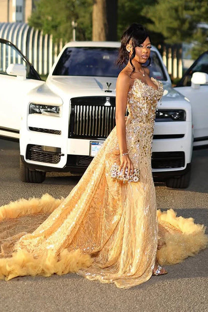 Gorgeous Golden Strapless Prom Dress Beaded Evening Gown High Slit Party Dress Trailing Long Formal Dress TP4868