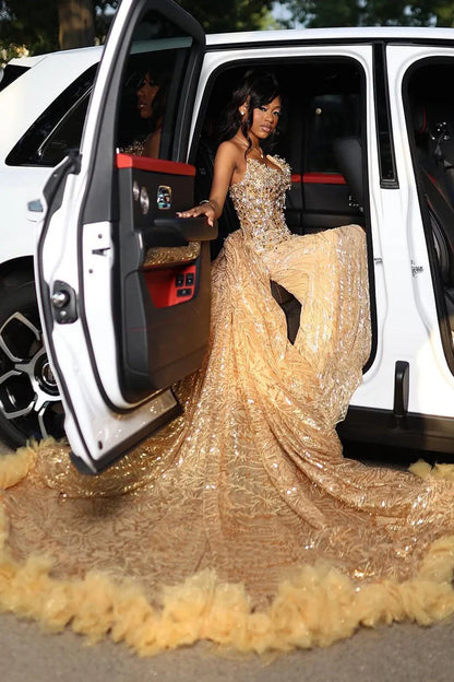 Gorgeous Golden Strapless Prom Dress Beaded Evening Gown High Slit Party Dress Trailing Long Formal Dress TP4868