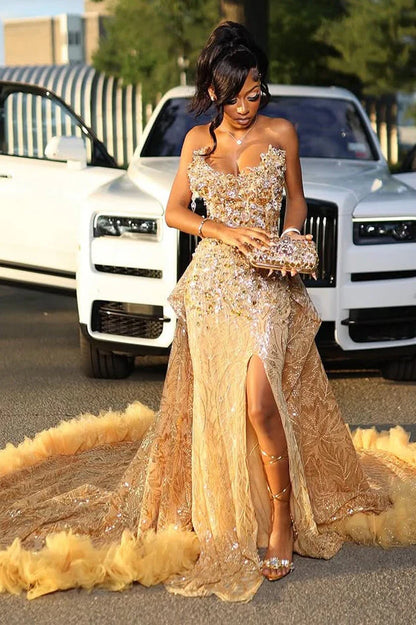 Gorgeous Golden Strapless Prom Dress Beaded Evening Gown High Slit Party Dress Trailing Long Formal Dress TP4868