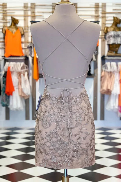 Vintage Silver Lace Embroidery Design Short Spaghetti Strap Homecoming Dress TP3565