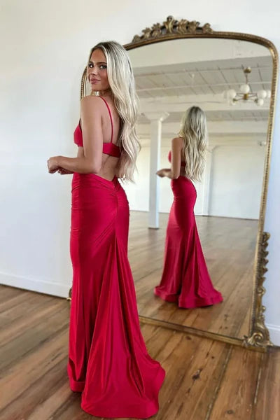 Vintage Red Spaghetti Strap Prom Dress Evening Gown Sheath Party Dress Long Formal Dress TP4863