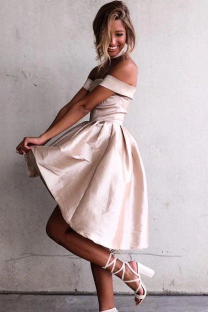 Fashion Pink Off-the-Shoulder Pleated Design Satin Short Homecoming Dress TP3567