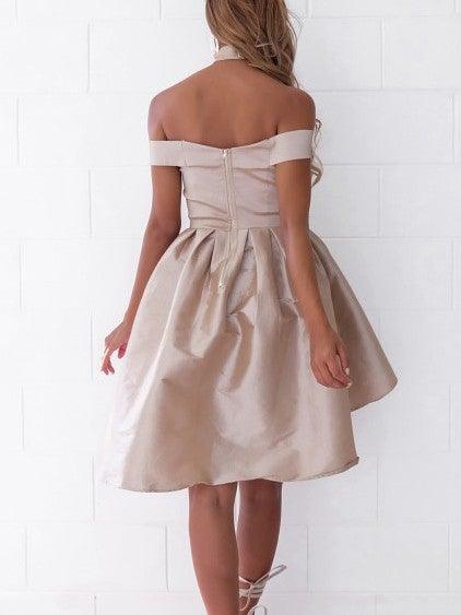 Fashion Pink Off-the-Shoulder Pleated Design Satin Short Homecoming Dress TP3567
