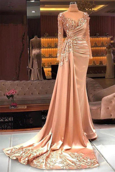 Elegant Champagne Satin Glittering Beaded Sheath Sweetheart Evening Gown Prom Dress TP5231