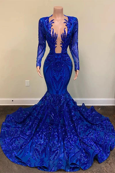 Vintage Royal Blue Mermaid Prom Dress Sequined Evening Gown Party Dress Long Formal Dress TP4851