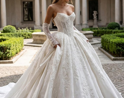 Elegant Strapless Sweetheart Satin Detachable Long Lace Sleeves Applique Long Train A-Line Wedding Dress TP5976
