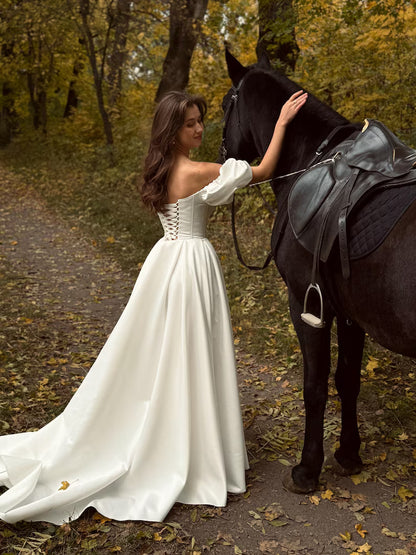 Elegant Ivory Off-the-Shoulder Puff Sleeve Satin Sweetheart A-Line Wedding Dress TP5959