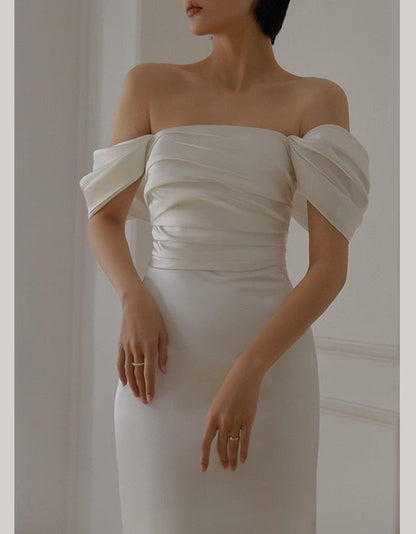 Elegant Off-the-Shoulder Ruched Satin Mermaid Wedding Dress TP5928